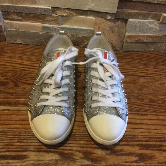 PRADA Silver Clitter Stud Low Top Sneakers - Picture 1 of 8
